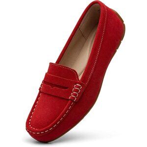 Kordal Women's Red Suede Gold Accent Buckle Slip-Ons Walking Flats Loafers